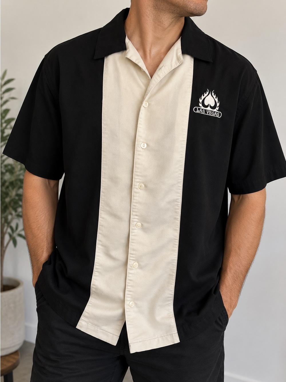 UltraClub Las Vegas Bowling Shirt Men’s XL Black Cream Rayon Camp Shirt